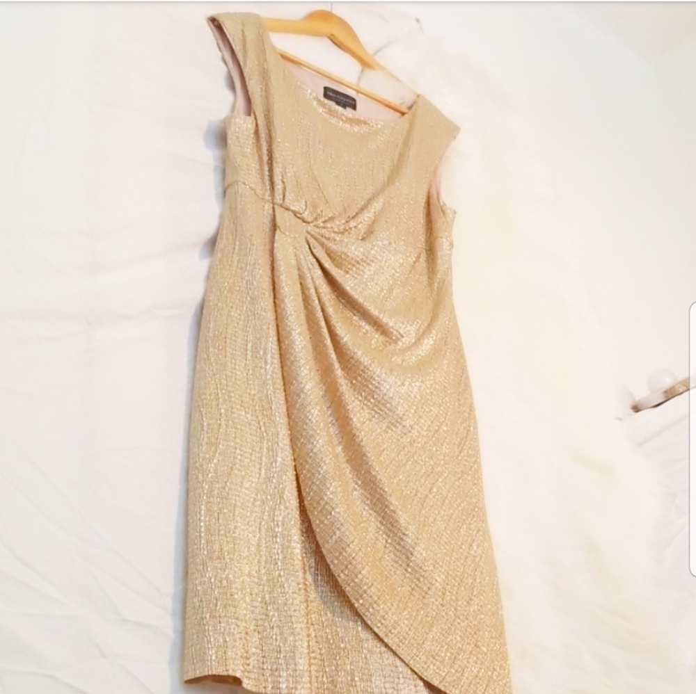 connected apparel gold dress Women's Printed Cap Sleeve Side Tie Dress, Size: Medium, Black 58 length Slips on over head Cowl neck Sleeveless Lined 95% polyester Shimmering Gold Medi Wrap Dress